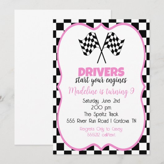 Roze Race Auto Verjaardag Uitnodiging (Voorkant / Achterkant)