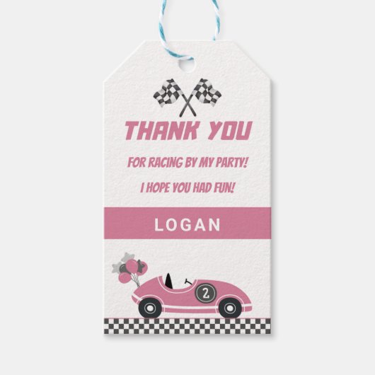 Roze Race Auto Verjaardagsfeest Dank u Cadeau Labe Cadeaulabel (Voorkant)