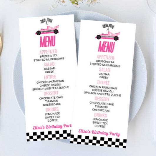 Roze Race Auto Verjaardagsfeestje Voedsel Menu