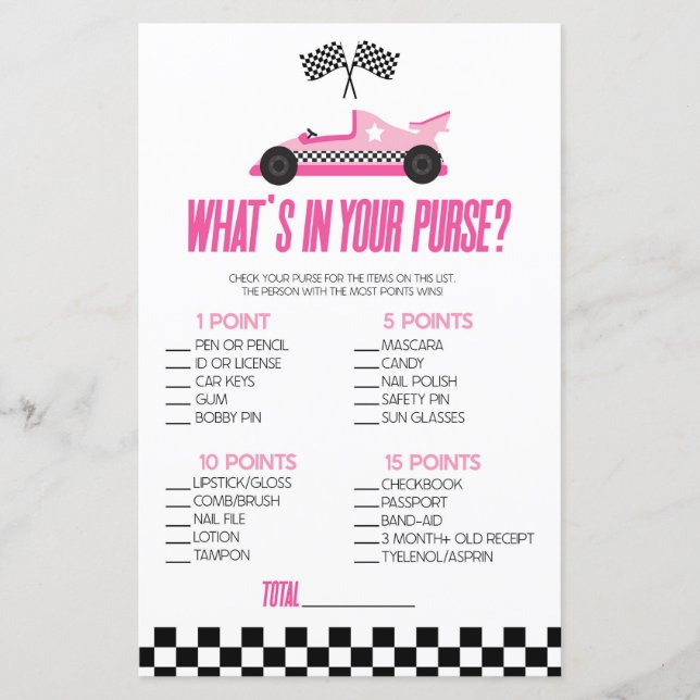 Roze Race Auto Wat is er in Purse Baby shower spel (Voorkant)