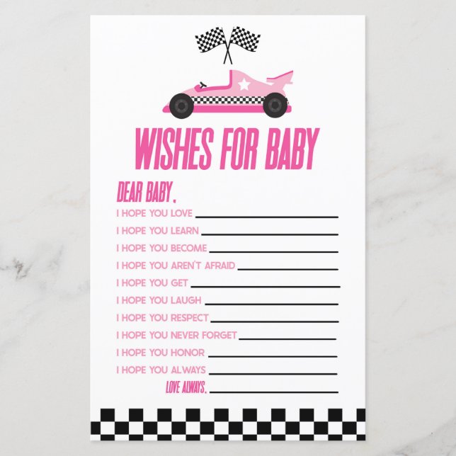 Roze Race Auto Wensen voor Baby shower spel (Voorkant)