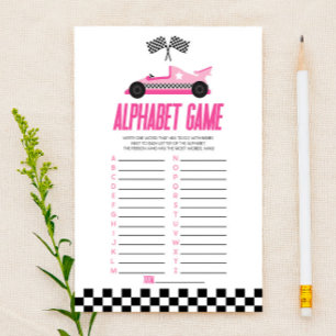 Roze Raceauto Alfabet Baby Shower Spel