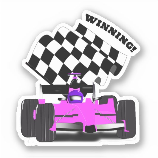 Roze Raceauto - Geruite Vlag Sport Sticker (Voorkant)