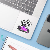 Roze Raceauto - Geruite Vlag Sport Sticker (Laptop met iPhone)