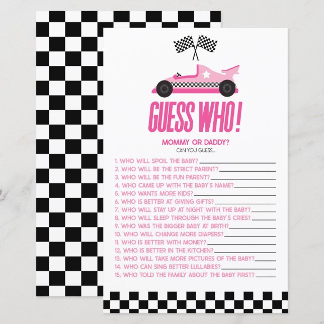 Roze Raceauto Raad Wie Baby Shower Spel (Voorkant / Achterkant)