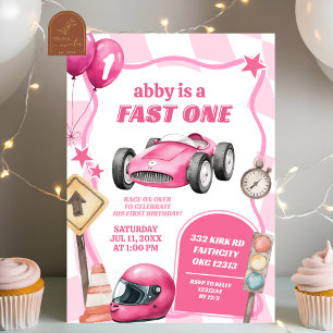 Roze raceauto Snel Eén meisje eerste verjaardag Kaart