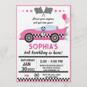Roze raceauto verjaardagsfeestje kaart (Voorkant)