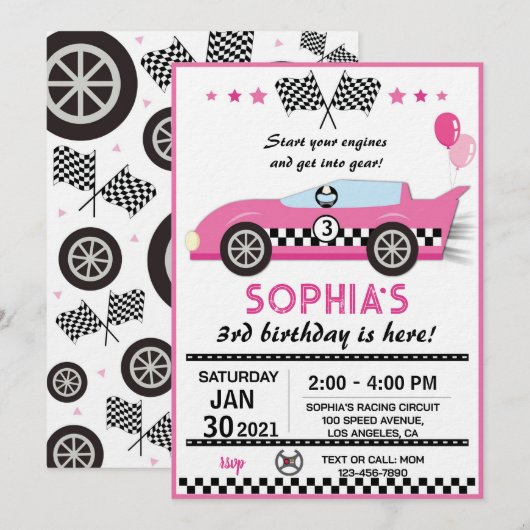 Roze raceauto verjaardagsfeestje kaart (Voorkant / Achterkant)