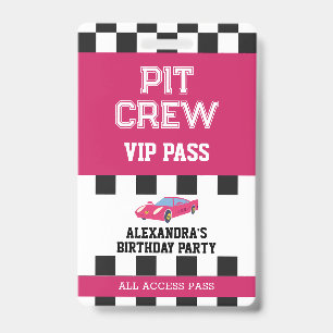 Roze Raceauto Vip Pas Pit Crew Verjaardagsfeestje Badge
