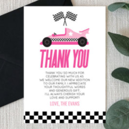 Roze Racecar Race Auto Baby shower Bedankkaart