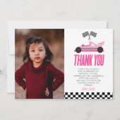 Roze Racecar Race Auto Custom Foto Verjaardagsfees Bedankkaart (Voorkant)