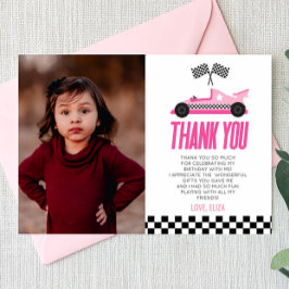 Roze Racecar Race Auto Custom Foto Verjaardagsfees Bedankkaart
