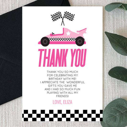 Roze Racecar Race Auto Verjaardagsfeestje Bedankkaart