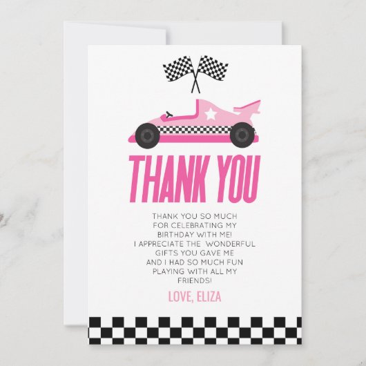 Roze Racecar Race Auto Verjaardagsfeestje Bedankkaart (Voorkant)