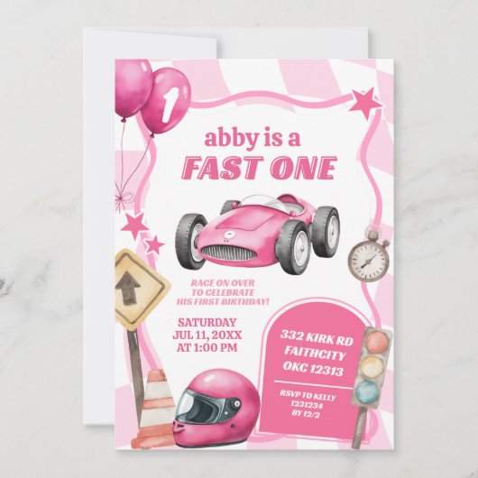 Roze racewagen Fast One Girl Eerste Verjaardag Kaart (Voorkant)