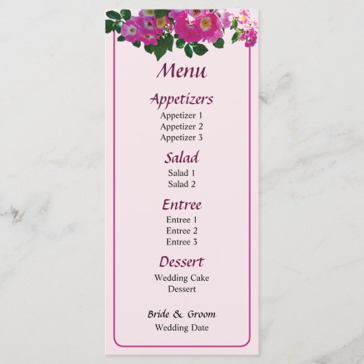 Roze Rambler Rozen Trouwmenu Menu (Voorkant)