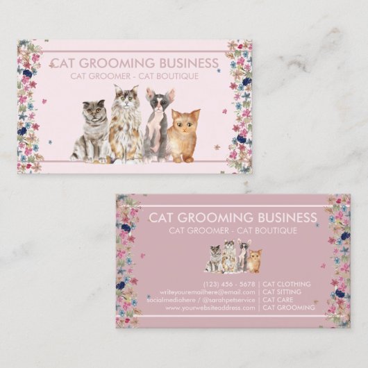 Roze rand Floral Lijst Kat Love Pet Paws Visitekaartje (Voorkant / Achterkant)