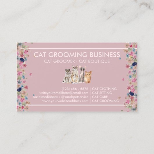 Roze rand Floral Lijst Kat Love Pet Paws Visitekaartje (Achterkant)