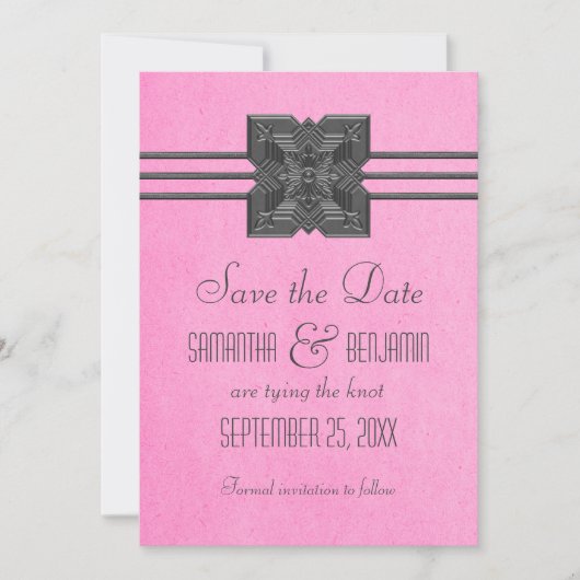 Roze rand Medallion sparen de Datum uitnodigen Save The Date (Voorkant)