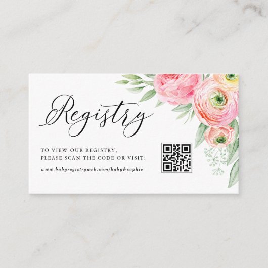 Roze Ranunculus Baby shower QR Code Registry Informatiekaartje (Voorkant)