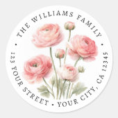 Roze ranunculus bloemenschilderij retouradres ronde sticker (Voorkant)