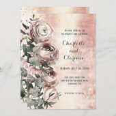 Roze Ranunculus Eucalyptus Rose Goud Bruiloft Kaart (Voorkant / Achterkant)