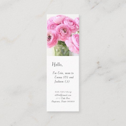 Roze ranunculus in een vase moeder bladwijzer mini visitekaartje (Voorkant)