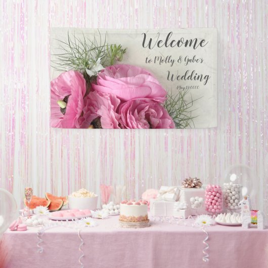 Roze ranunculus met nigellabloemen spandoek (Feest)