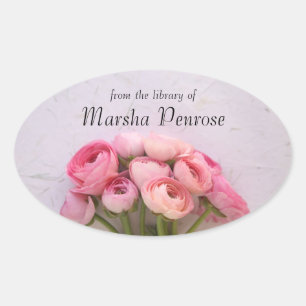 Roze ranunculus op geweven achtergrond bookplate ovale sticker