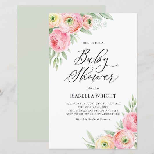 Roze Ranunculus Spring Baby shower Invitation (Voorkant / Achterkant)