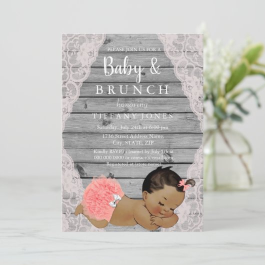  Roze ras Rustic Etnische Baby Brunch nodigt uit Kaart (Staand voorkant)