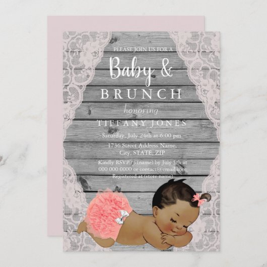  Roze ras Rustic Etnische Baby Brunch nodigt uit Kaart (Voorkant / Achterkant)