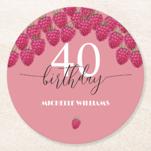 Roze Raspberry Waterverf Kunst Kalligrafie Verjaar Ronde Kartonnen Onderzetter