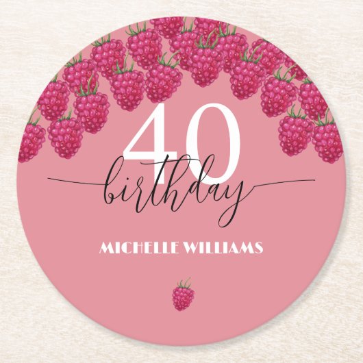 Roze Raspberry Waterverf Kunst Kalligrafie Verjaar Ronde Kartonnen Onderzetter (Voorkant)