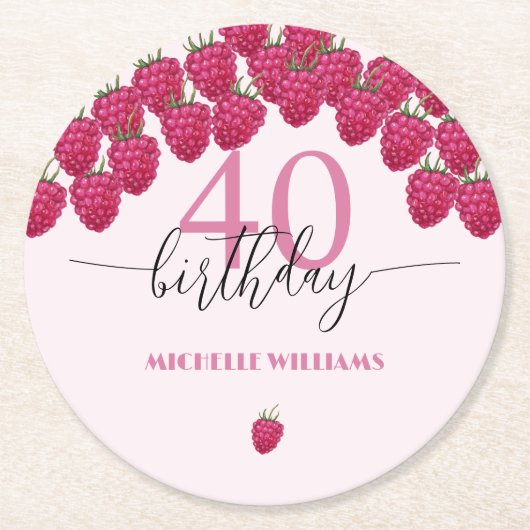 Roze Raspberry Waterverf Kunst Kalligrafie Verjaar Ronde Kartonnen Onderzetter (Voorkant)
