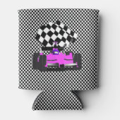 Roze rassenauto met gecheckte vlag blikjeskoeler (Voorkant)