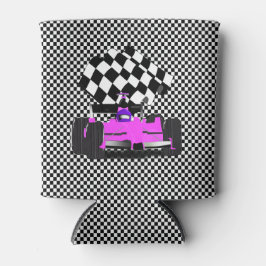 Roze rassenauto met gecheckte vlag blikjeskoeler