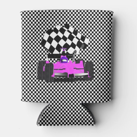 Roze rassenauto met gecheckte vlag blikjeskoeler (Voorkant)