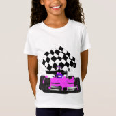 Roze rassenauto met gecheckte vlag t-shirt (Voorkant)