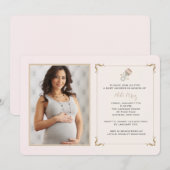 Roze Rattle Photo Baby shower Invitation Kaart (Voorkant / Achterkant)