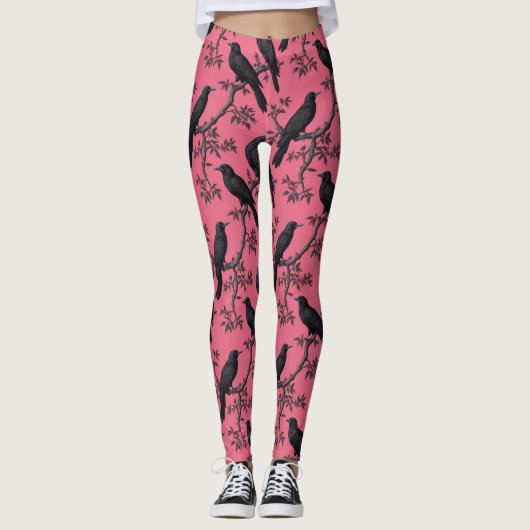 Roze  Raven Birds Pattern Leggings (Voorkant)