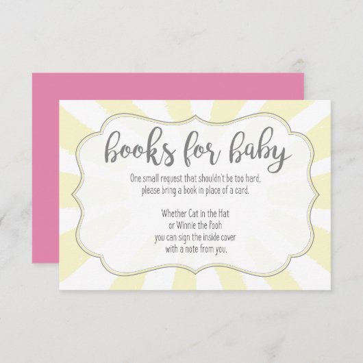 Roze Ray van Sunshine Baby shower Book Request Car Informatiekaartje (Voorkant / Achterkant)