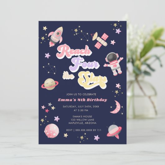 Roze Reach Vier de sterren 4e verjaardag Uitnodigi Kaart (Staand voorkant)