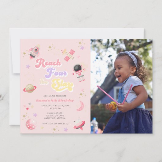 Roze Reach Vier de sterren 4e verjaardag Uitnodigi Kaart (Voorkant)