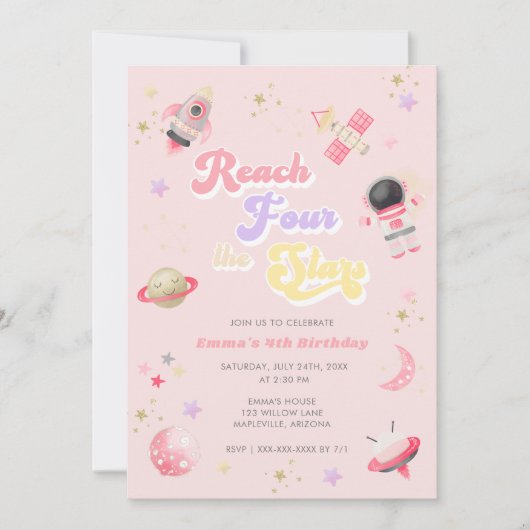 Roze Reach Vier de sterren 4e verjaardag Uitnodigi Kaart (Voorkant)
