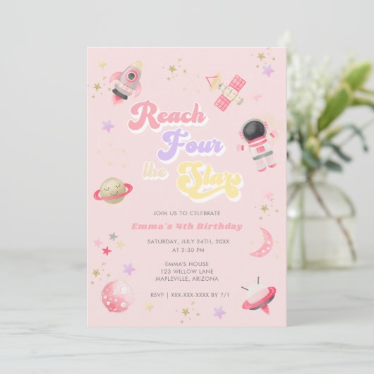 Roze Reach Vier de sterren 4e verjaardag Uitnodigi Kaart (Staand voorkant)