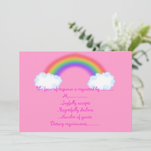 roze reactiekaart met regenboog-rsvp kaart (Staand voorkant)