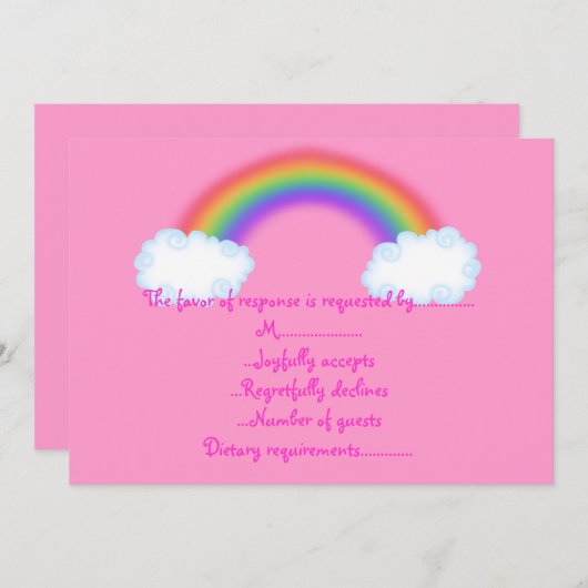 roze reactiekaart met regenboog-rsvp kaart (Voorkant / Achterkant)