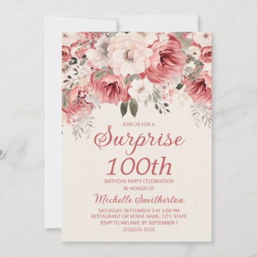 Roze Red Cream Waterverf Floral Surprise 100th Kaart (Voorkant)