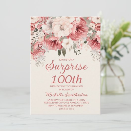 Roze Red Cream Waterverf Floral Surprise 100th Kaart (Staand voorkant)